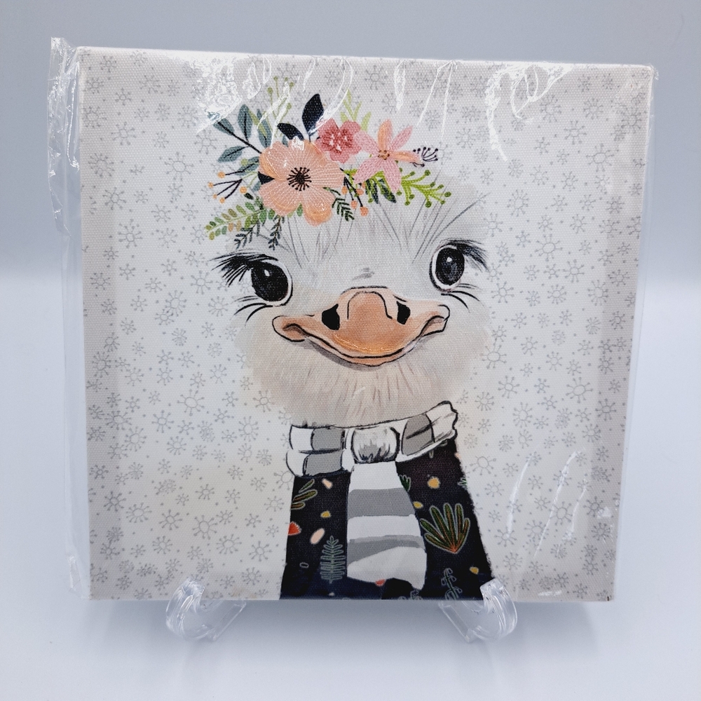 4/$20 Cartoon Ostrich With Floral Accents Canvas Wall Art 8x8